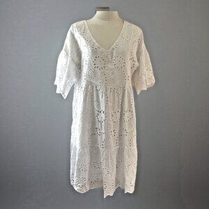 Valentina Naldi Eyelet Baby Doll Dress Size L White Tiered Italy Y2K Cottagecore